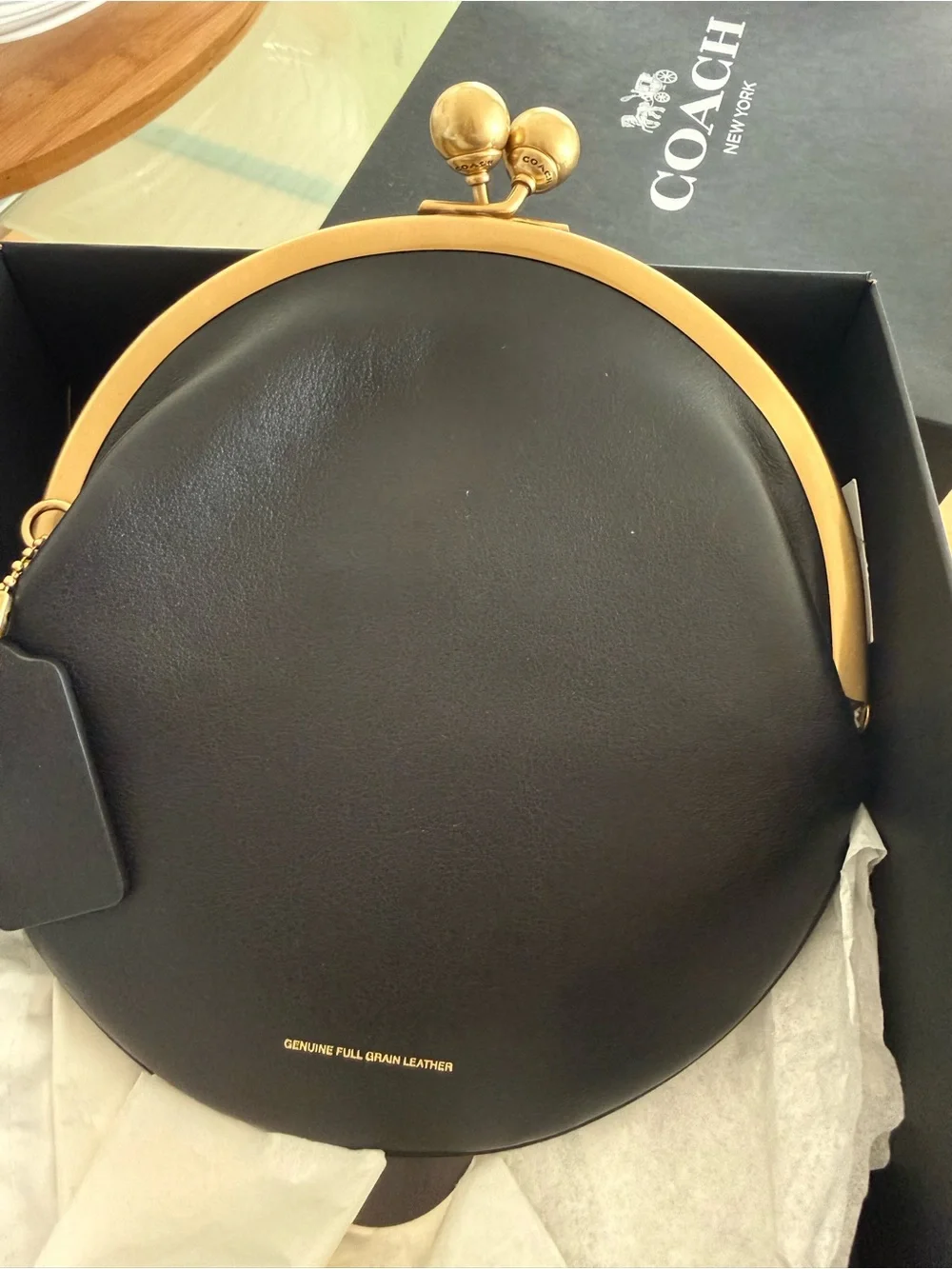Coach Black Leather Round Kiss-Lock Wristlet with Gold Frame